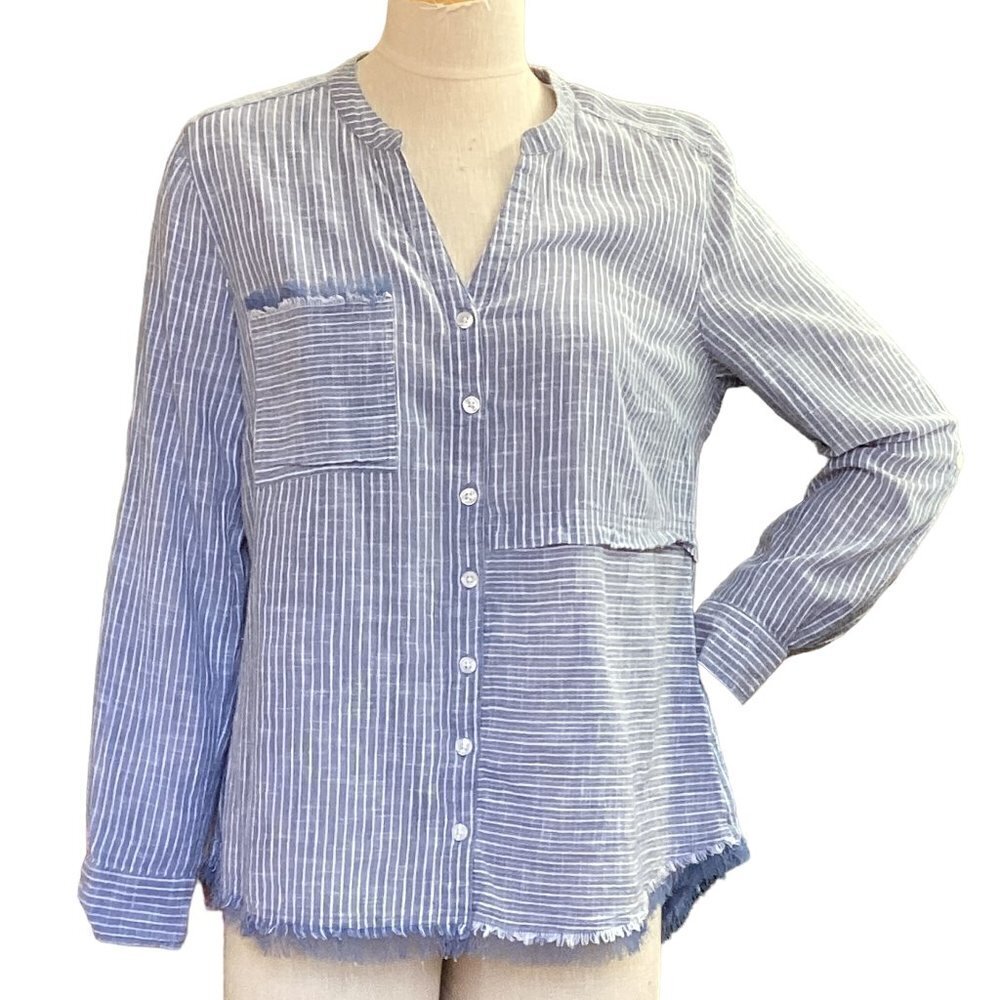 Style & Co Cotton Striped Fringe Hem & Pocket Button-Up Top M Blue #140Q